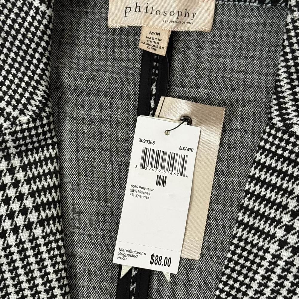 Philosophy Houndstooth Blazer Women M Black White Office Chic ruched 3/4 sleeve - Picture 4 of 6